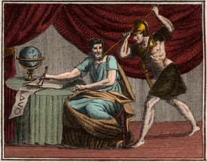 La muerte de Arquímedes durante la captura de Siracusa, Sicilia, por soldados romanos en 212 a.C. de French School
