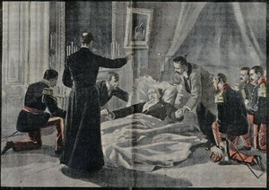 La muerte de Félix Faure (1841-1899), presidente de Francia, Abbe Renault le dio la absolución. Grabado en “Le Pelerin” 26/02/1899. de French School