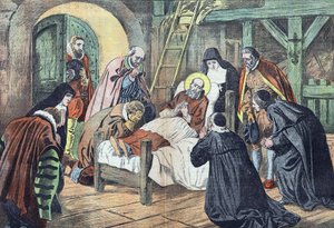 La muerte de San Francisco de Sales, el 18 de diciembre de 1622 en Lyon, estuvo rodeada de fideles. "Le pelerin" del 31/12/1922 (impresión) de French School