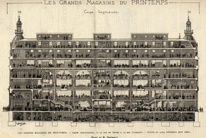 Los grandes almacenes de Printemps en 1889, sección longitudinal, desde Rue du Havre hasta Rue Caumartin, dibujo de Berteault, colección Bianchetti de French School