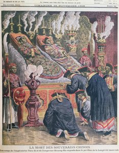 La exhibición de los cuerpos del Emperador Kouang-Siu (1872-1908) y su tía la Emperatriz Tseu-Hi (1835-1908) en el pabellón de la longevidad imperial, ilustración de Le Petit Journal 1908 de French School