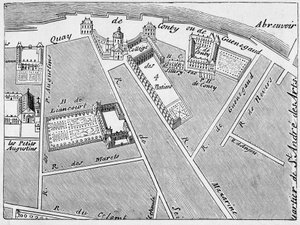 El distrito del Colegio de las Cuatro Naciones y el hotel Conti-Fac-Simile en el plan de J. de la Caille de French School