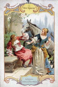 El burro y el perrito (Fábula de La Fontaine) - pegatina publicitaria de Bon Marché de French School