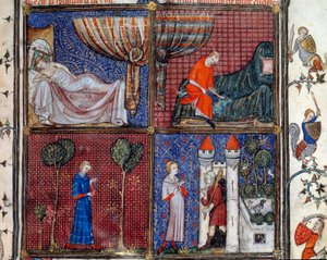 El sueño: El amante dormido, vistiéndose, cosiendo su camisa y frente a la Casa del Placer de Amor. Miniatura en “Roman de la rose” de Jean de Meun, Jean de Meung o Jean Chopinel, Jean Clopinel (v.1240-1305), circa 1370. Chantilly, Museo Condé