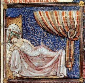 El sueño, detalle: El amante dormido. Miniatura de "Le Roman de la rose" de Jean de Meun, Jean de Meung o Jean Chopinel, Jean Clopinel (v.1240-1305), hacia 1370. Chantilly, Museo Conde