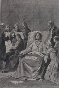 El moribundo Wolfgang Amadeus Mozart escuchando a sus amigos interpretar su cantata En Alabanza de la Amistad (grabado)