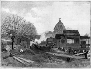 El sitio de movimiento de tierras para la instalación de la fuente monumental en París para la exposición mundial de 1889 de French School
