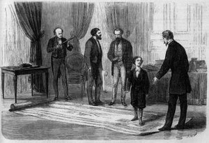 El ingeniero Boutet presentó su plan para un puente ferroviario entre Francia e Inglaterra al emperador Napoleón III (1808-1873), en presencia de su hijo el Príncipe Imperial (1856-1879) de French School