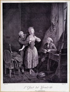 El ensayo del corsé (dos hombres y una mujer con los pechos descubiertos) - grabado del siglo XVIII de French School