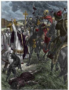 El obispo Saint Loup de Troyes detiene a Atila, rey de los hunos, antes de Troyes - Invasiones bárbaras - Grabado después de la pintura de H. Grobert.