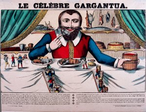 El famoso personaje Gargantúa de las novelas de François Rabelais (1494-1553), escritor francés. Gargantúa tiene un gran dosel y tiene todo tipo de platos. Imagen de Épinal del siglo XIX