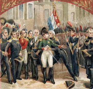La despedida de Napoleón Bonaparte (1769-1821) a la guardia imperial en el patio del Cheval Blanc en el castillo de Fontainebleau el 20/04/1814. Cromolitografía de finales del siglo XIX