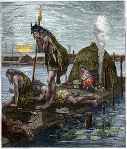 Los primeros parisinos, o habitantes de Lutecia (París) (choza sobre pilotes) Grabado de 