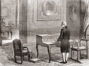 La primera demostración en 1774 del telégrafo eléctrico, inventado por Georges-Louis Le Sage, de Les Merveilles de la Science, publicado c.1870 (grabado)