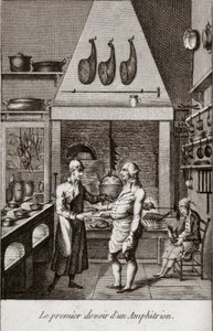 El primer deber de un anfitrión - grabado en "Almanaque de gourmets, sirviendo como guía en formas de hacer excelente comida. Por un viejo aficionado" por Alexandre Balthazar Laurent Grimod de la Reynière - 1804-1812 de French School