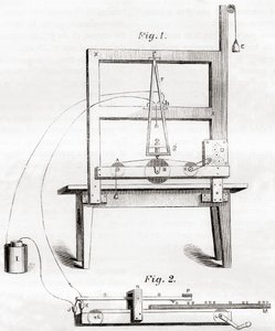 El primer telégrafo eléctrico inventado por Samuel Morse en 1837, de Les Merveilles de la Science, publicado c.1870 de French School