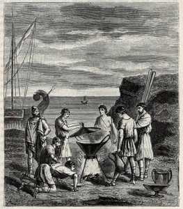 Los primeros navegantes en el archipiélago griego obtenían agua dulce vaporizando agua de mar - Grabado en “Ciencias al alcance de todos - Física y química popular” de Alexis Clerc - Finales del siglo XIX - Colección privada de French School