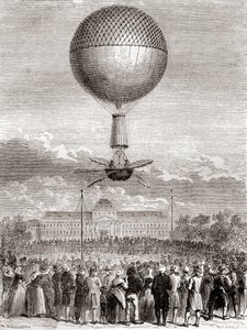 El primer vuelo exitoso en globo de Jean-Pierre François Blanchard el 2 de marzo de 1784, en un globo de gas hidrógeno lanzado desde el Campo de Marte, París, Francia, de Les Merveilles de la Science, publicado c.1870 de French School