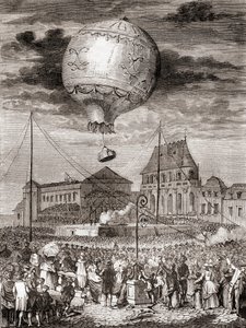 El vuelo del Aerostat Réveillon el 19 de septiembre de 1783 por los hermanos Montgolfier en Versalles, Francia, ante el rey Luis XVI de Francia y la reina María Antonieta, de Les Merveilles de la Science, publicado c.1870 (grabado) de French School