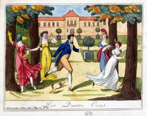 El juego de las cuatro esquinas. Grabado principios del siglo XIX de French School