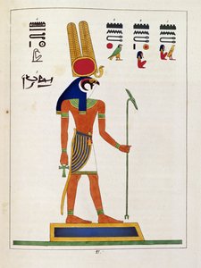 El dios Mandou, ilustración de Pantheon egyptien: colección de personajes mitológicos del antiguo Egipto, por Jean-Francois Champollion, publicado c.1986 de French School