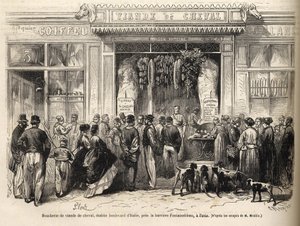 La carnicería de caballos en la barrière de Fontainebleau (París) abierta en 1866 - carnicería de caballos - Boucherie Meat de Cheval Boulevard Italie cerca de la barrière de Fontainebleau 1866) Grabado en "Le monde illustré" de 1866