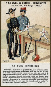 El duelo imposible: carta infantil explicando un juego para construir uno mismo. Cromolitografía del siglo XIX.