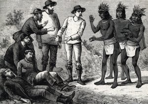 Los habitantes de Perú ayudando a los europeos coloniales que sufren de malaria con Cinchona (grabado) 1888 de French School