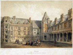 El interior del patio del castillo de Blois en la época de Francisco I (siglo XVI) - litografía de French School