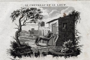 El cabrito y el lobo. Fábula de Esopo. (Escritor griego Esopo o Ecopo, siglo VI a.C.) Escrito por Guillaume Montfort y grabado por Beauble en 1801. de French School