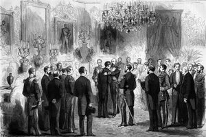 El rey de Suecia Oscar II (1829-1907) recibió a los exploradores Nils Adolf Erik (Eric) Barón Nordenskjold (Nordenskiold) (1832-1901) y al Teniente Palander en el Palacio Real de Estocolmo. En 1878 Nordenskjold pasó del Océano Atlántico al Océano Pacífico