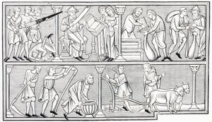 Los trabajos de la guerra, la ciencia, el comercio y la agricultura, después de una miniatura en un salterio del siglo XIII, de Les Arts au Moyen Age, publicado en 1873 de French School