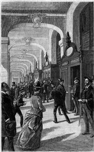 La galería de buzones del Hotel de Correos de la Rue du Louvre en París. Grabado en el diario "La juventud". de French School