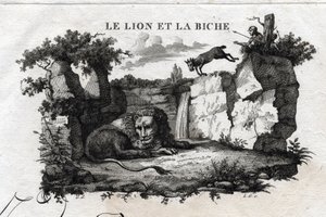 El león y el ciervo. Fábula de Esopo. (Escritor griego Esopo, siglo VI a.C.) Escrito por Guillaume Montfort y grabado por Beauble en 1801. de French School