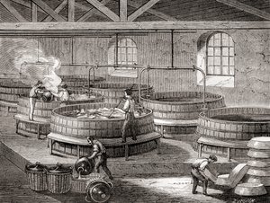 La fabricación de jabón en grandes cubas en el siglo XIX, de "Les Merveilles de la Science", publicado hacia 1870 (grabado). de French School