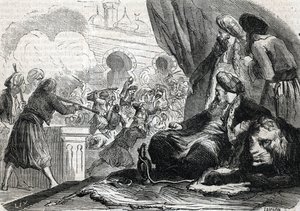 La masacre del ejército de los jenízaros en 1826 por el sultán Mahmud II, Constantinopla (grabado) 1864 de French School