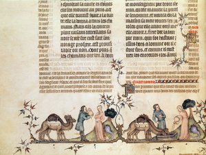 El encuentro de Eliezer y Rebeca en el pozo, de La Biblia de Jean de Sy, c.1355