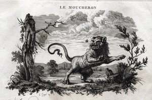 Las moscas. Fábula de Esopo. (Escritor griego Esopo, siglo VI a.C.) Escrita por Guillaume Montfort y grabada por Beauble en 1801 de French School
