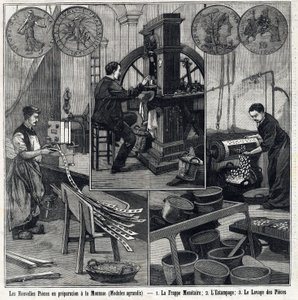 Las nuevas monedas francesas en preparación tienen las monedas y las etapas de fabricación (tipificación monetaria, estampado y lavado de monedas). En "Le Petit Parisien"