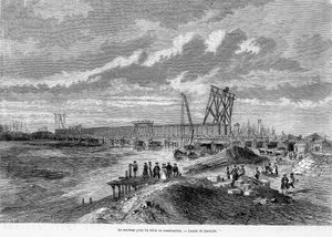 El nuevo puente del Rin en construcción, Alsacia - en "Le Tour du Monde" de French School