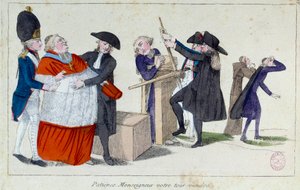 El desengrasador patriota: "paciencia, mi señor, su turno llegará." Caricatura que representa a los personajes de la Iglesia presionados en un veterinario para perder su embominación símbolo de su riqueza. Grabado del siglo XVIII. París, Museo Carnavalet de French School