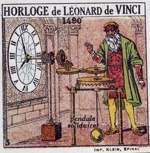 El reloj pendular de Leonardo da Vinci (Leonardo da Vinci) (1452 - 1519) (péndulo en 1490) - en “Energía” de Henri Arnould, ed. Quillet, París, siglo XX de French School