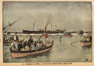 La peregrinación de los hombres en Tierra Santa de Jaffa (Israel). Grabado en "Le pelerin" 8/09/1901. Colección Selva. de French School