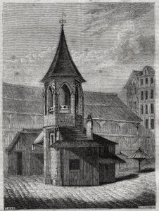 El picota de las halles en el siglo XVIII, construido sobre el antiguo cementerio de los Inocentes - Grabado en “La historia física, civil y moral de París: desde los primeros tiempos históricos hasta la actualidad” por Jacques Antoine Dulaure de French School