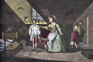 El sastre piadoso atrapado en adulterio. Grabado por Cabbage de 1768 en "Lire Et Galanterie". Colección semanal de imágenes galantes bajo la dirección de John Grand-Carteret. 1903-1904. de French School