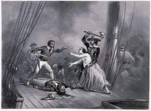 El pirata Morgan rapta a la bella española - en "Historia General de la Marina" de los hermanos E y V Penaud de French School
