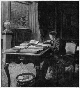 El dramaturgo Victoriano Sardou (1831-1908) en su oficina. Grabado en “La gazette du dimanche” del 2 de enero de French School