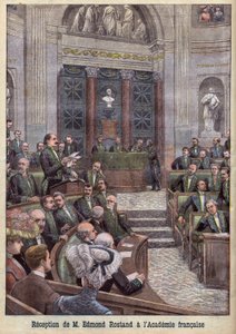 El poeta y dramaturgo Edmond Rostand siendo recibido en la Academia Francesa para "Le Petit Journal" de French School