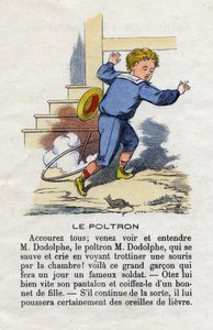 El poltrón. Un niño jugando con el aro asustado por un ratón. Alfabeto de niños pequeños. Abecedario con valor moral que contiene ejercicios de lectura. Imágenes de Epinal finales del siglo XIX