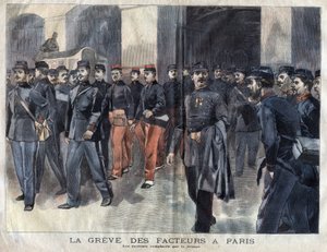 La huelga de los carteros: soldados y guardias municipales encargados de la distribución de cartas en París. Grabado de 1899 en “La petite Gironde” de French School
